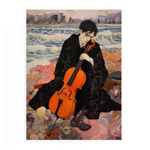 Figurative cello musician canvas art with ocean waves for expressive living room decor.