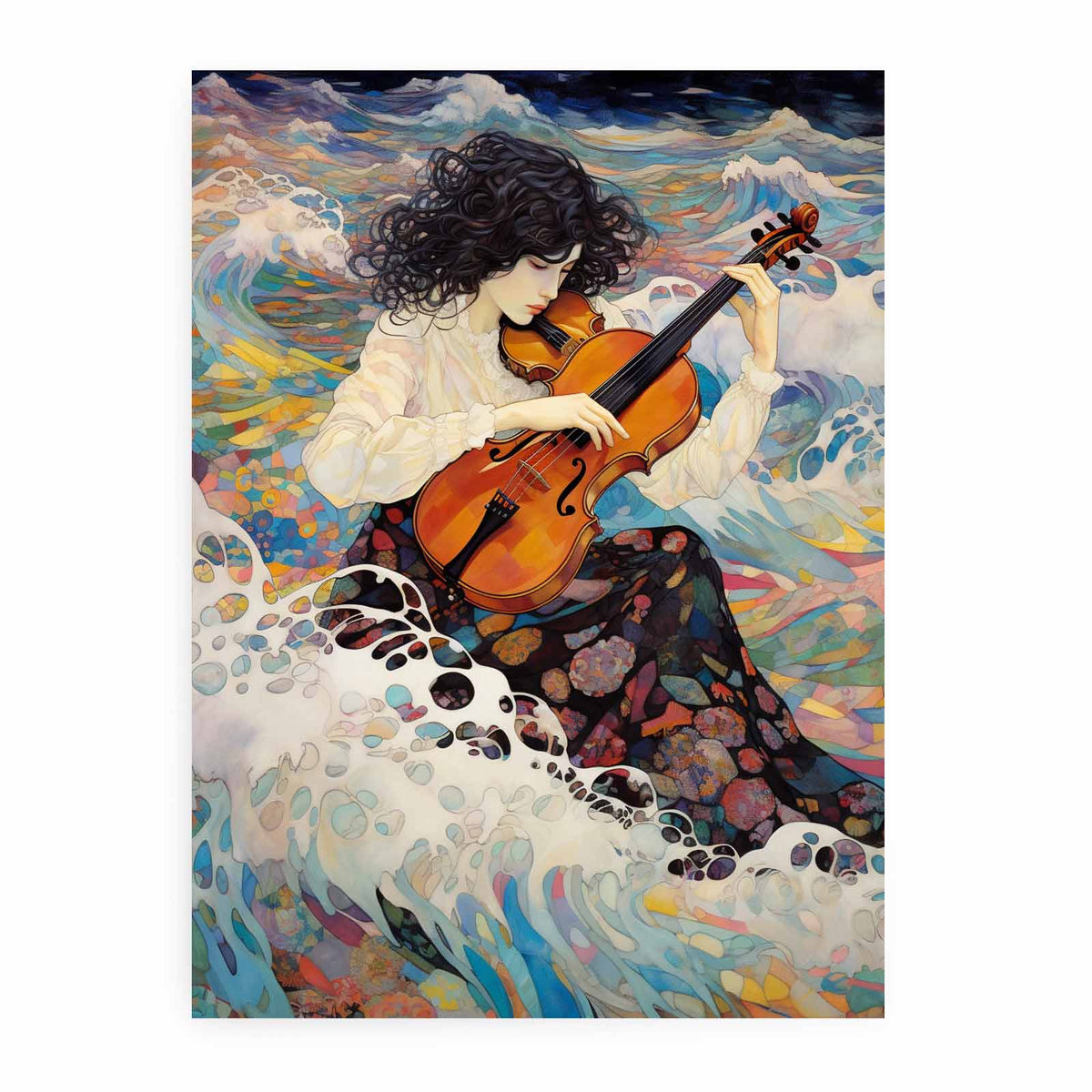 Dreamy violin musician canvas art with ocean waves and pastel colors for creative home decor.