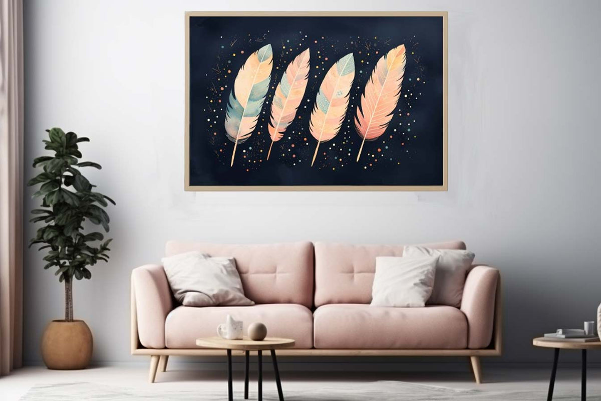 Pastel boho feather canvas art on navy background for calm bedroom and nursery decor.