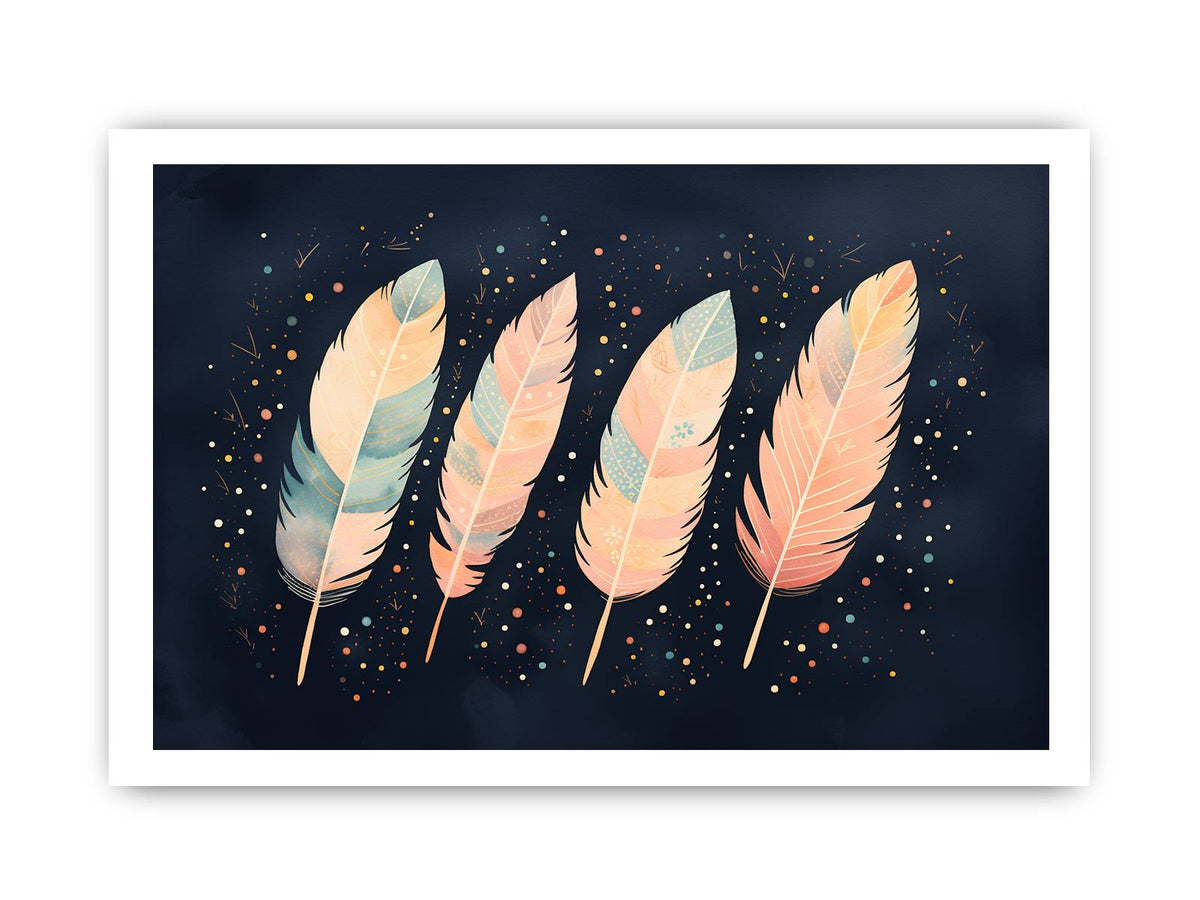 Pastel boho feather canvas art on navy background for calm bedroom and nursery decor.