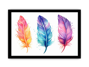 Colorful watercolor feather canvas art with three bright plumes for bedroom or nursery decor.