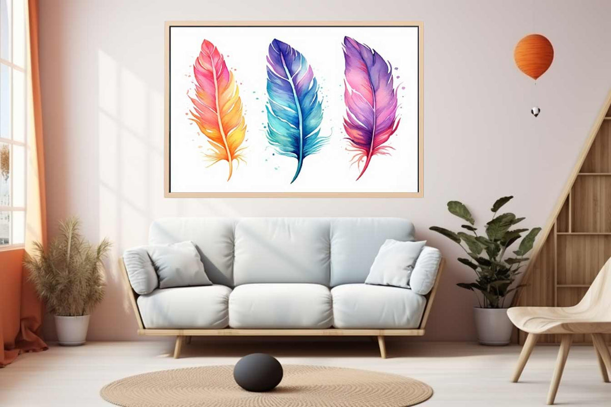 Colorful watercolor feather canvas art with three bright plumes for bedroom or nursery decor.