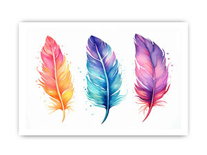 Colorful watercolor feather canvas art with three bright plumes for bedroom or nursery decor.