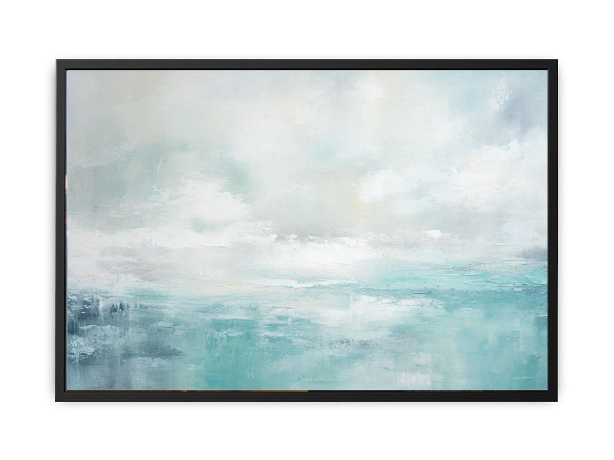 Soft abstract coastal canvas art with aqua sky tones for modern living room decor.