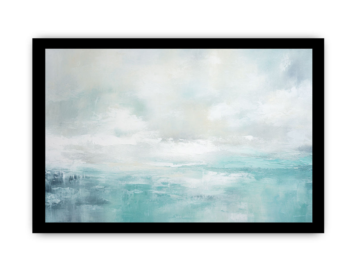 Soft abstract coastal canvas art with aqua sky tones for modern living room decor.