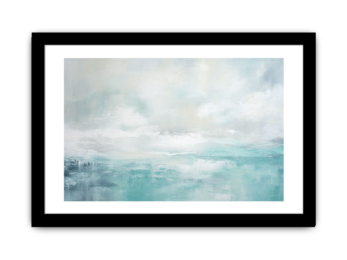 Soft abstract coastal canvas art with aqua sky tones for modern living room decor.