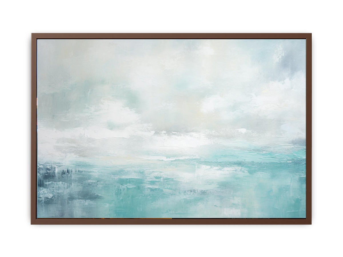 Soft abstract coastal canvas art with aqua sky tones for modern living room decor.
