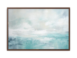 Soft abstract coastal canvas art with aqua sky tones for modern living room decor.