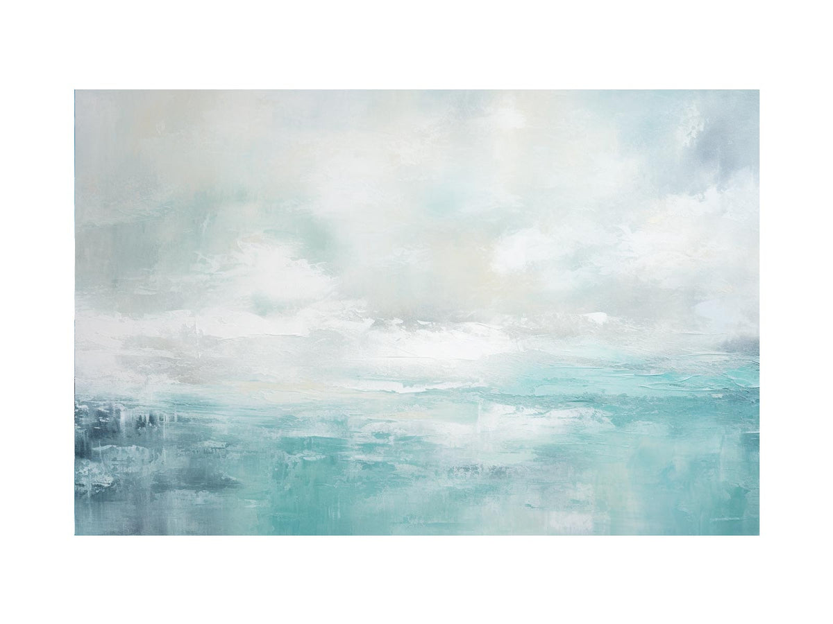 Soft abstract coastal canvas art with aqua sky tones for modern living room decor.