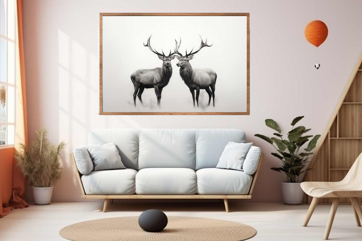 Monochrome twin stag canvas art with deer antlers for rustic modern living room decor.