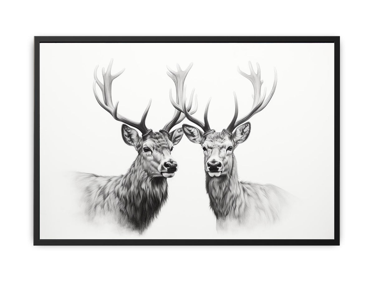 Black and white deer portrait canvas art with twin stags for calm bedroom wall decor.