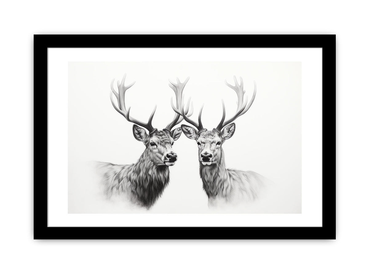 Black and white deer portrait canvas art with twin stags for calm bedroom wall decor.