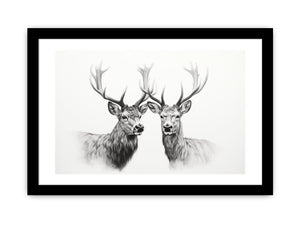 Black and white deer portrait canvas art with twin stags for calm bedroom wall decor.