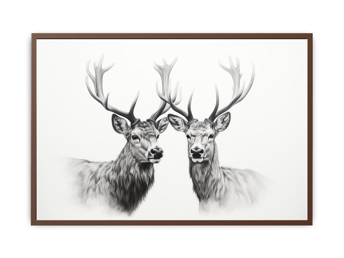 Black and white deer portrait canvas art with twin stags for calm bedroom wall decor.