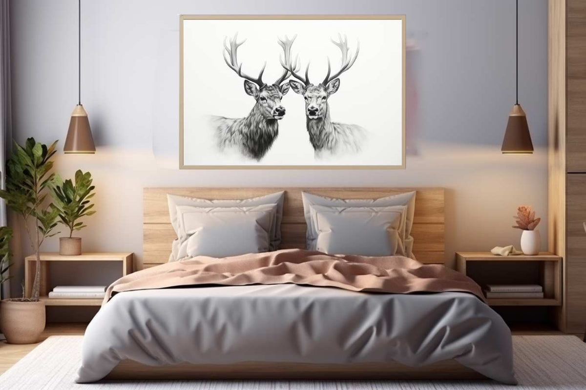 Black and white deer portrait canvas art with twin stags for calm bedroom wall decor.