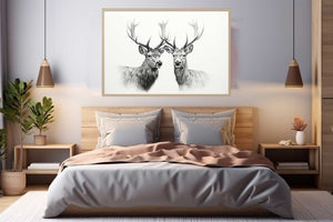 Black and white deer portrait canvas art with twin stags for calm bedroom wall decor.