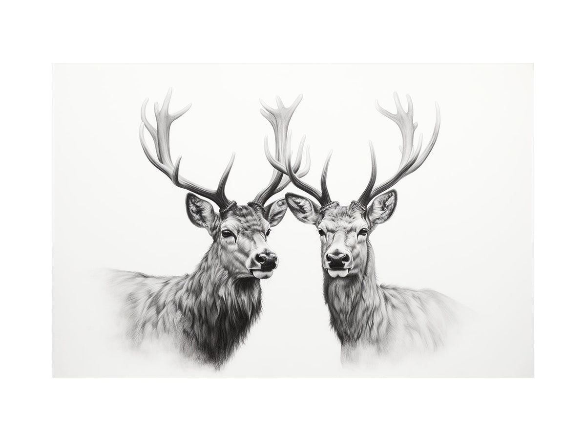 Black and white deer portrait canvas art with twin stags for calm bedroom wall decor.