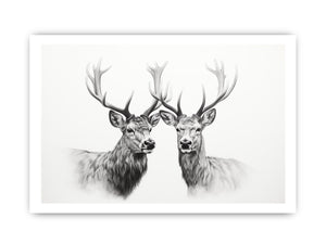 Black and white deer portrait canvas art with twin stags for calm bedroom wall decor.