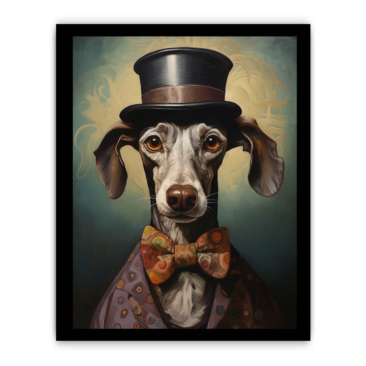 Whimsical dachshund portrait canvas art with top hat and bow tie for eclectic wall decor.