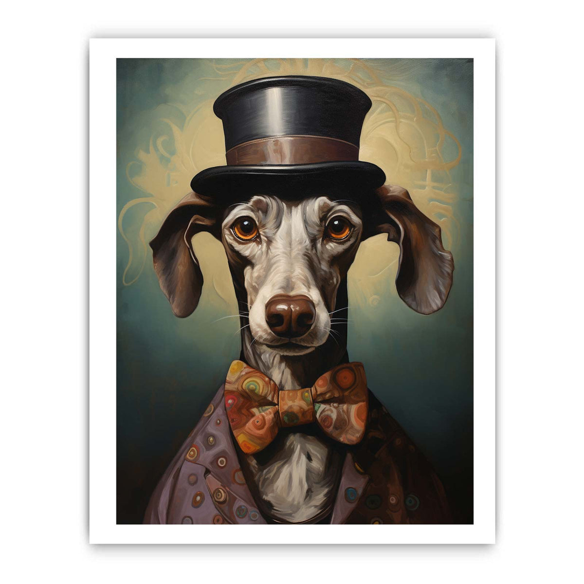 Whimsical dachshund portrait canvas art with top hat and bow tie for eclectic wall decor.