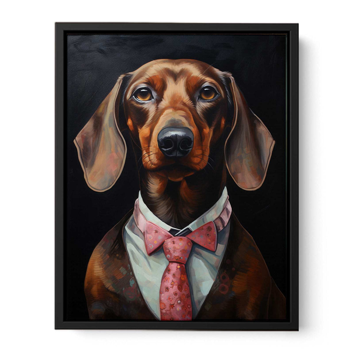 Dachshund portrait canvas art with pink tie and black background for stylish office decor.