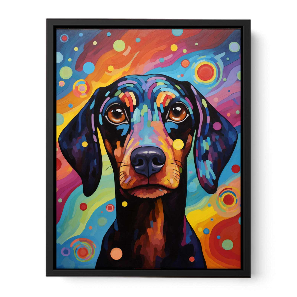 Colorful pop art dachshund canvas print for playful bedroom or creative office decor.