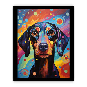 Colorful pop art dachshund canvas print for playful bedroom or creative office decor.