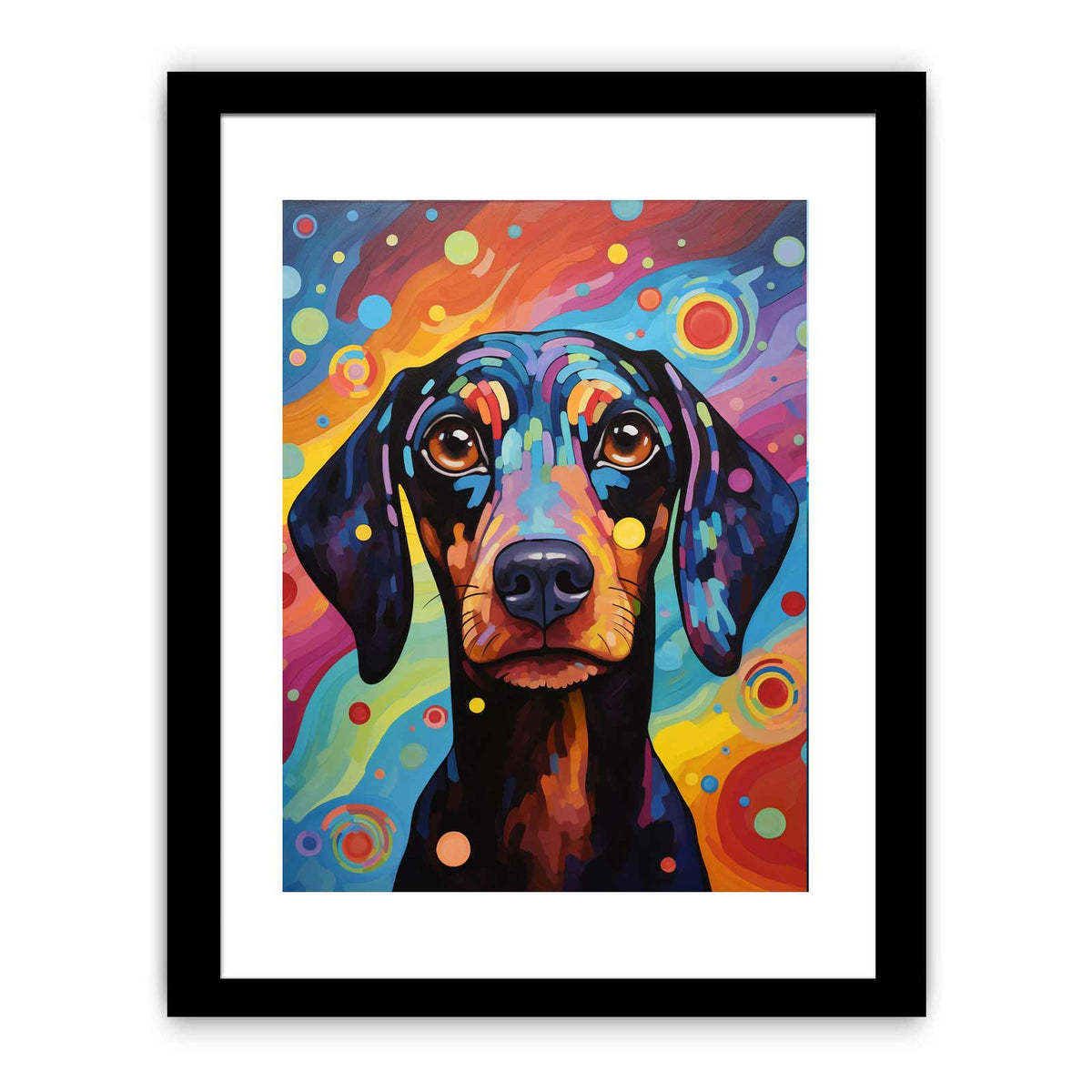 Colorful pop art dachshund canvas print for playful bedroom or creative office decor.