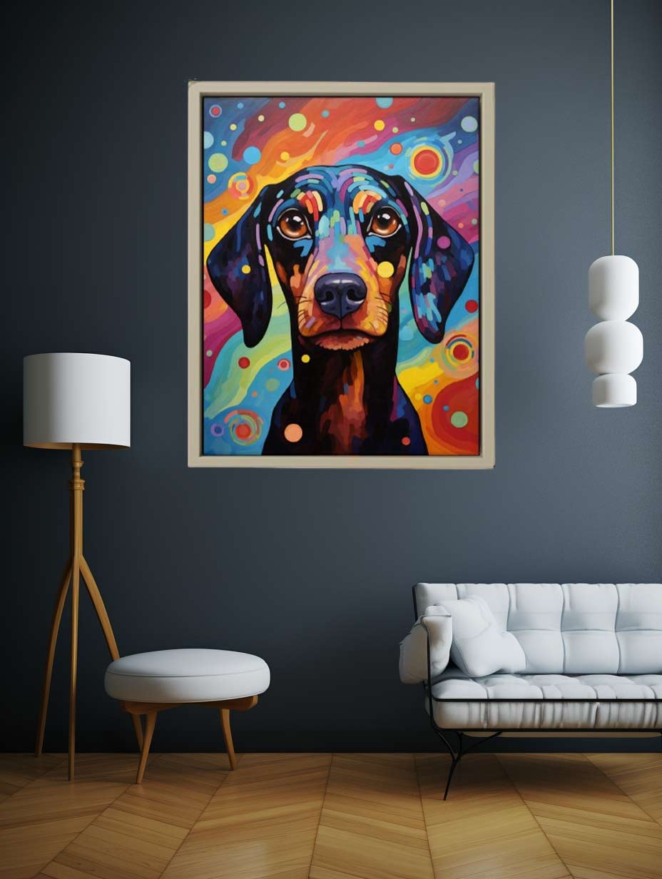 Colorful pop art dachshund canvas print for playful bedroom or creative office decor.