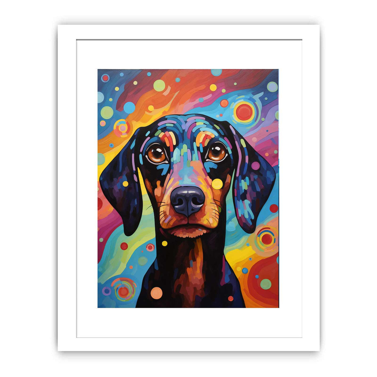 Colorful pop art dachshund canvas print for playful bedroom or creative office decor.