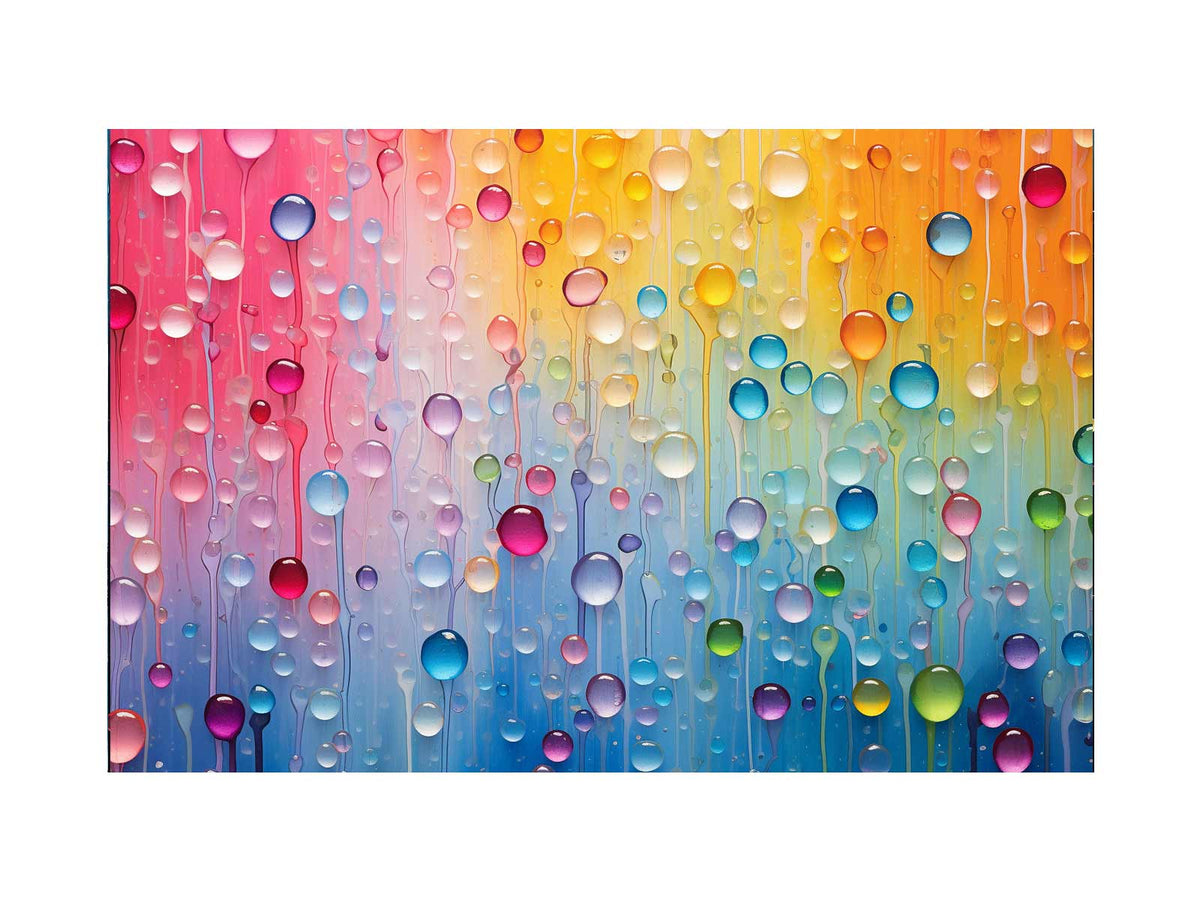 Colorful abstract raindrop canvas art with glossy droplets for bright modern room decor.