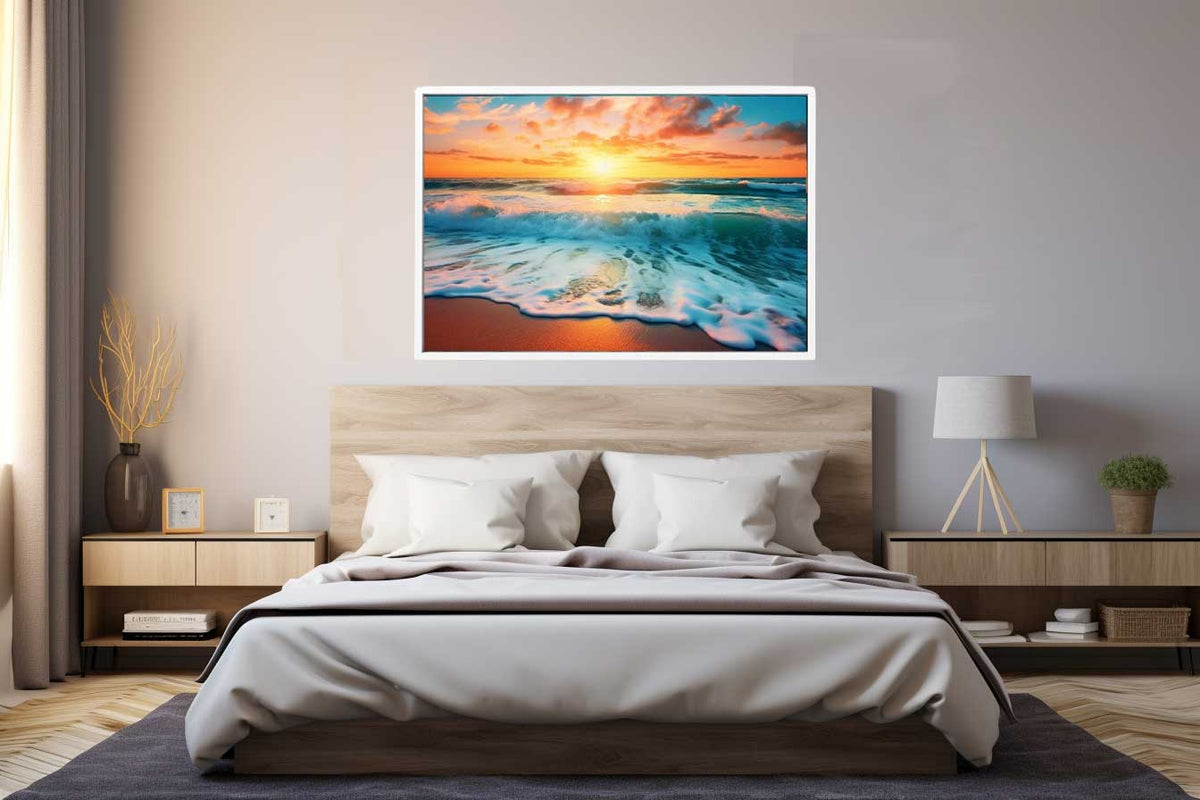 Sunset ocean wave canvas print for coastal living room decor.