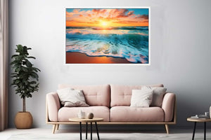 Sunset ocean wave canvas print for coastal living room decor.