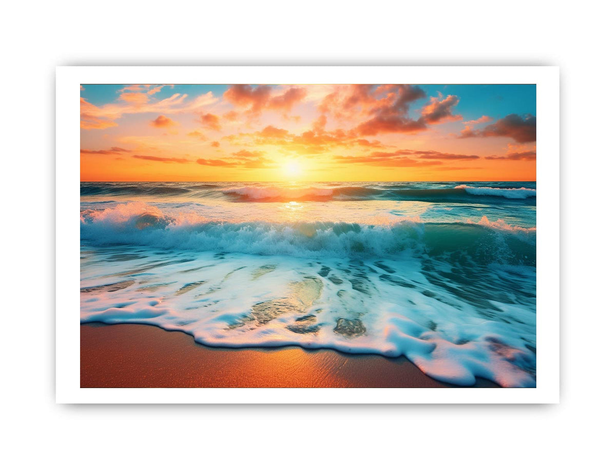 Sunset ocean wave canvas print for coastal living room decor.