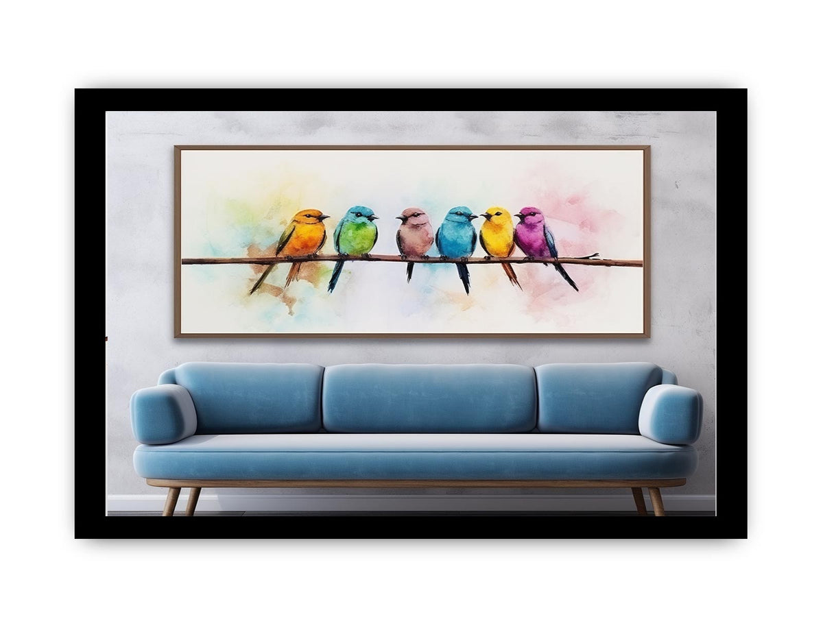 Colorful watercolor bird canvas art above sofa for cheerful decor.