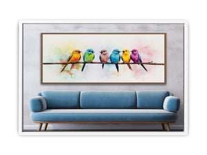 Colorful watercolor bird canvas art above sofa for cheerful decor.