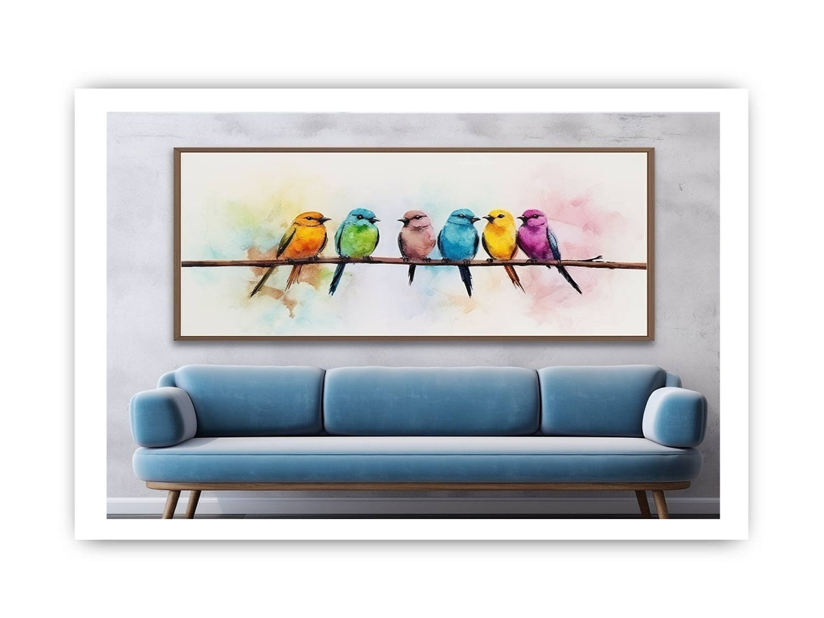 Colorful watercolor bird canvas art above sofa for cheerful decor.
