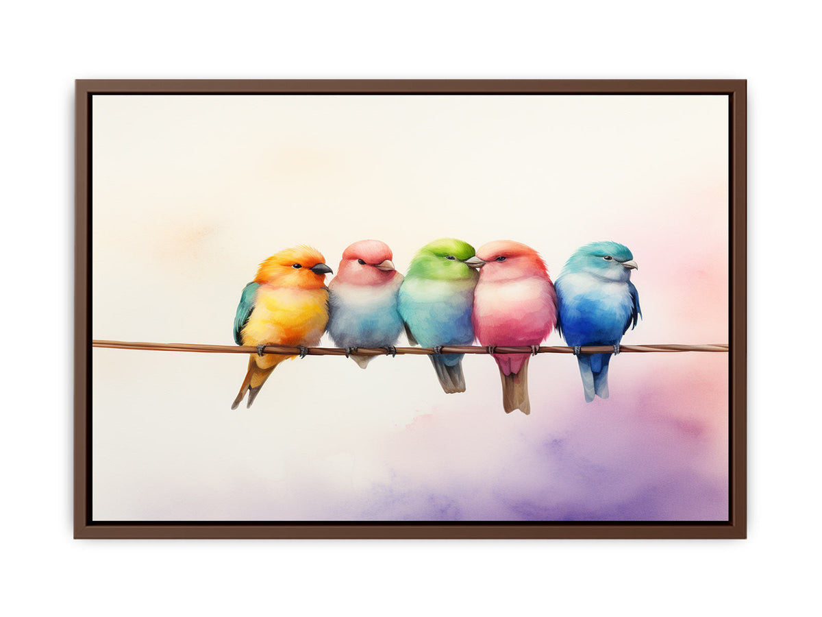 Pastel birds on branch canvas print for nursery and bedroom decor.