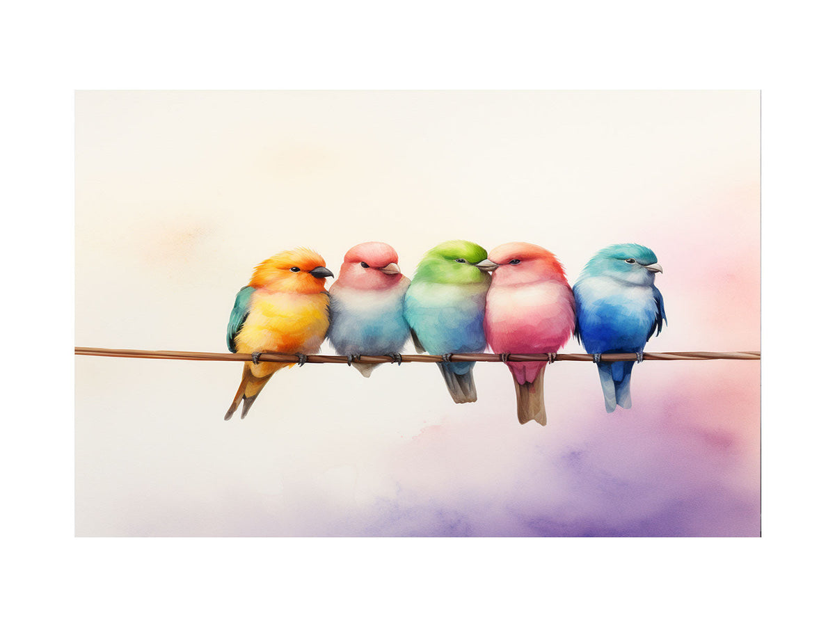 Pastel birds on branch canvas print for nursery and bedroom decor.