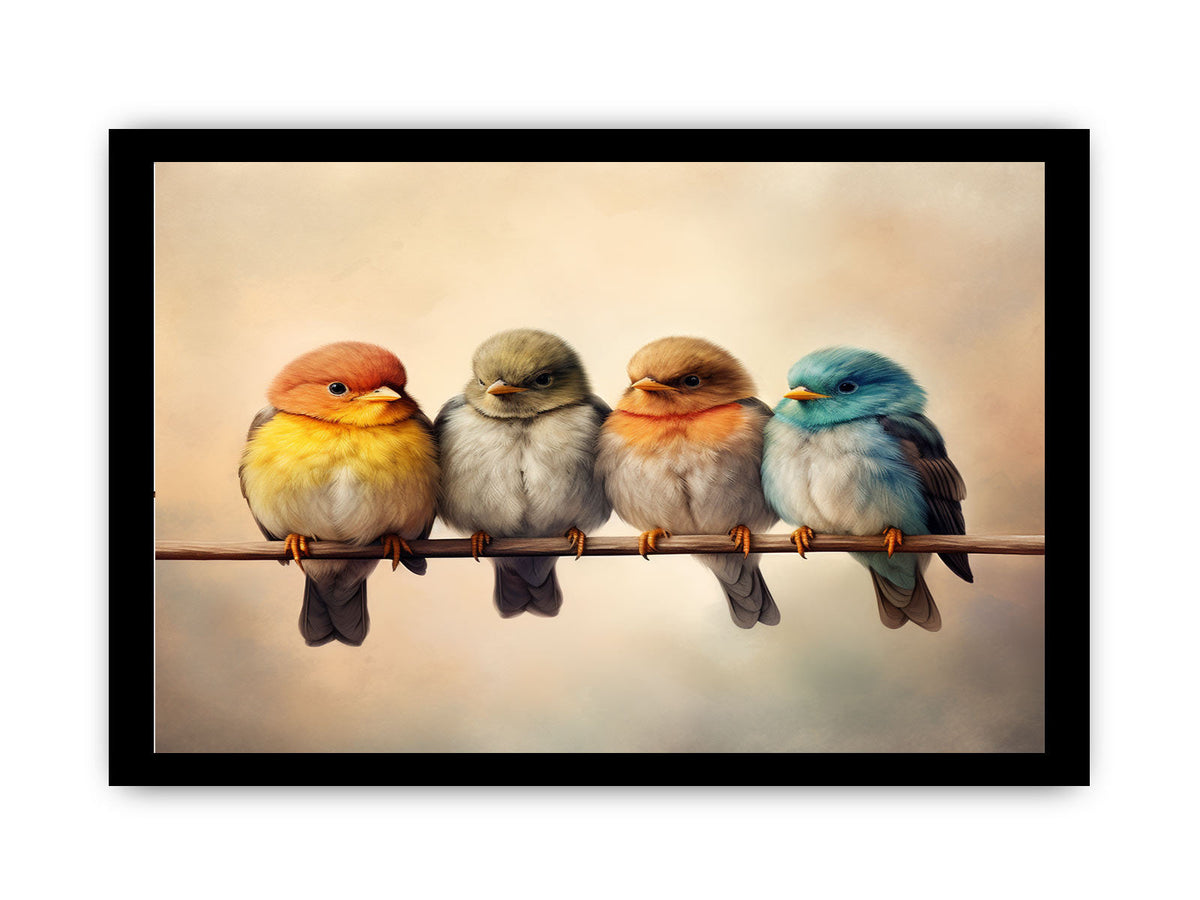 Cute colorful birds on branch wall art for cozy bedroom decor.