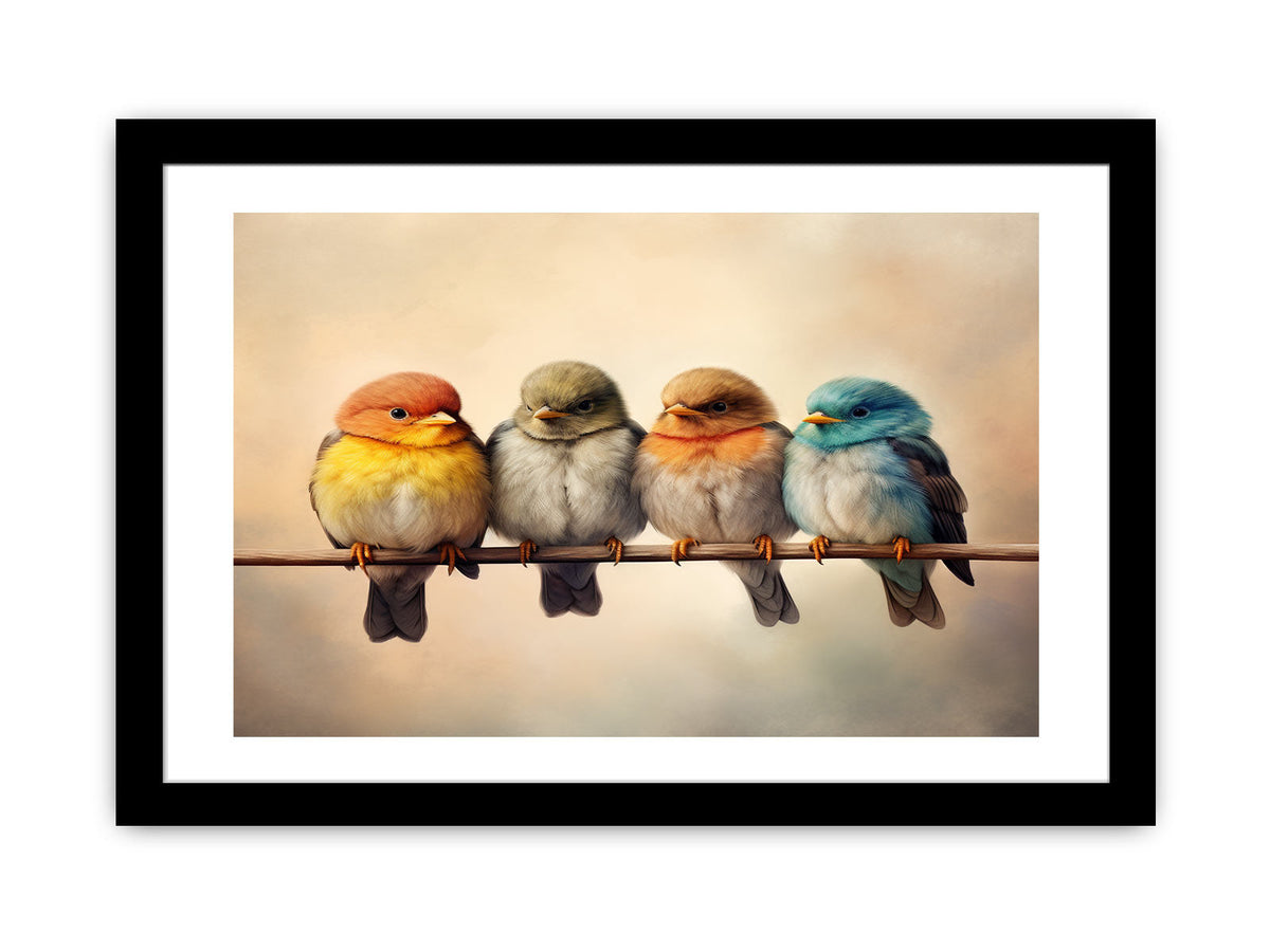 Cute colorful birds on branch wall art for cozy bedroom decor.