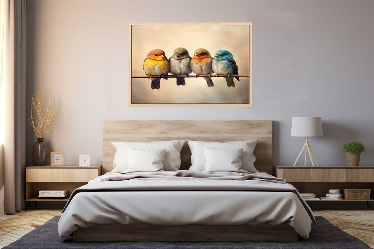 Cute colorful birds on branch wall art for cozy bedroom decor.