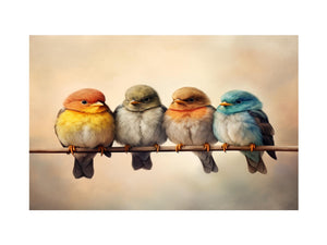 Cute colorful birds on branch wall art for cozy bedroom decor.