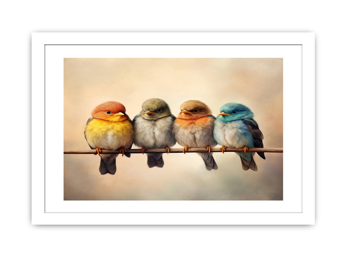 Cute colorful birds on branch wall art for cozy bedroom decor.