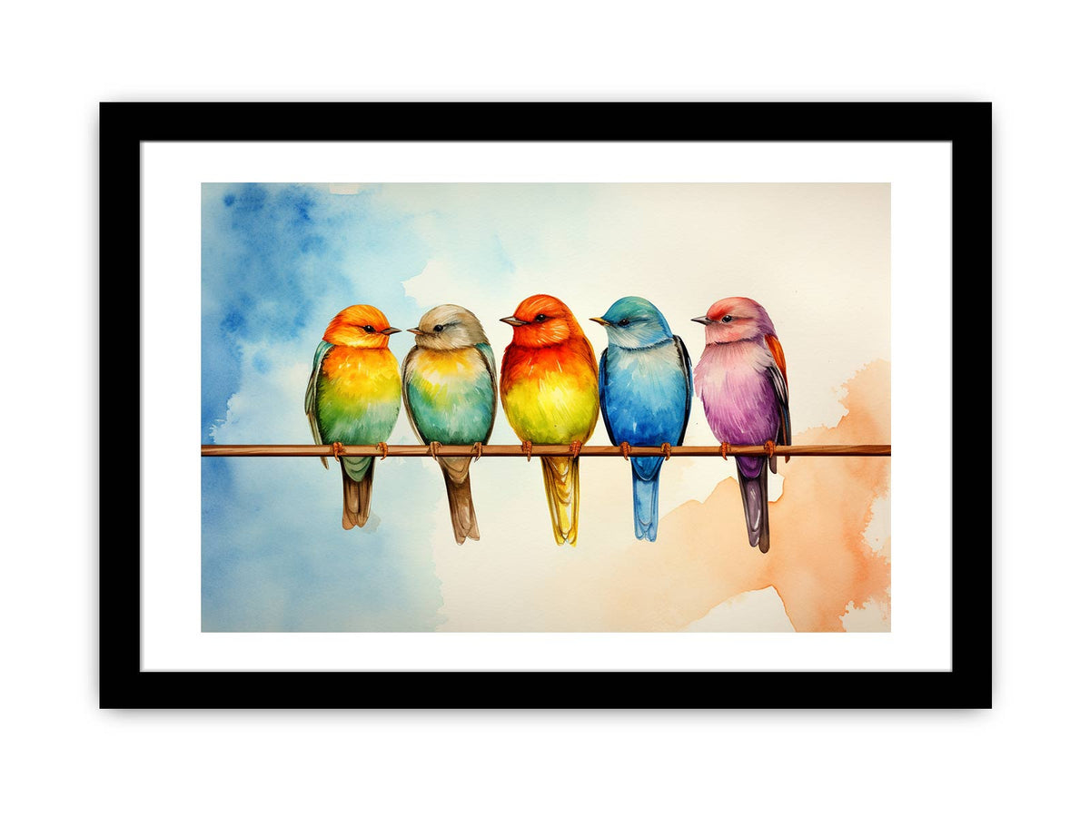 Colorful birds on wire canvas art for bright living room decor.