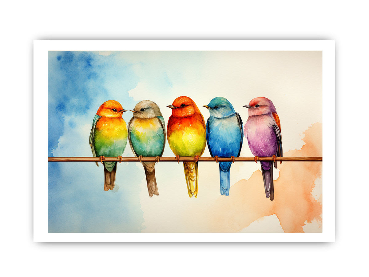Colorful birds on wire canvas art for bright living room decor.