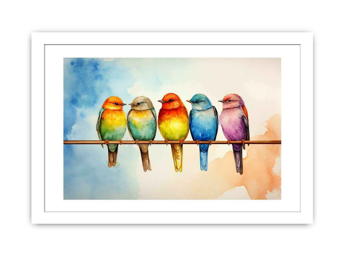 Colorful birds on wire canvas art for bright living room decor.