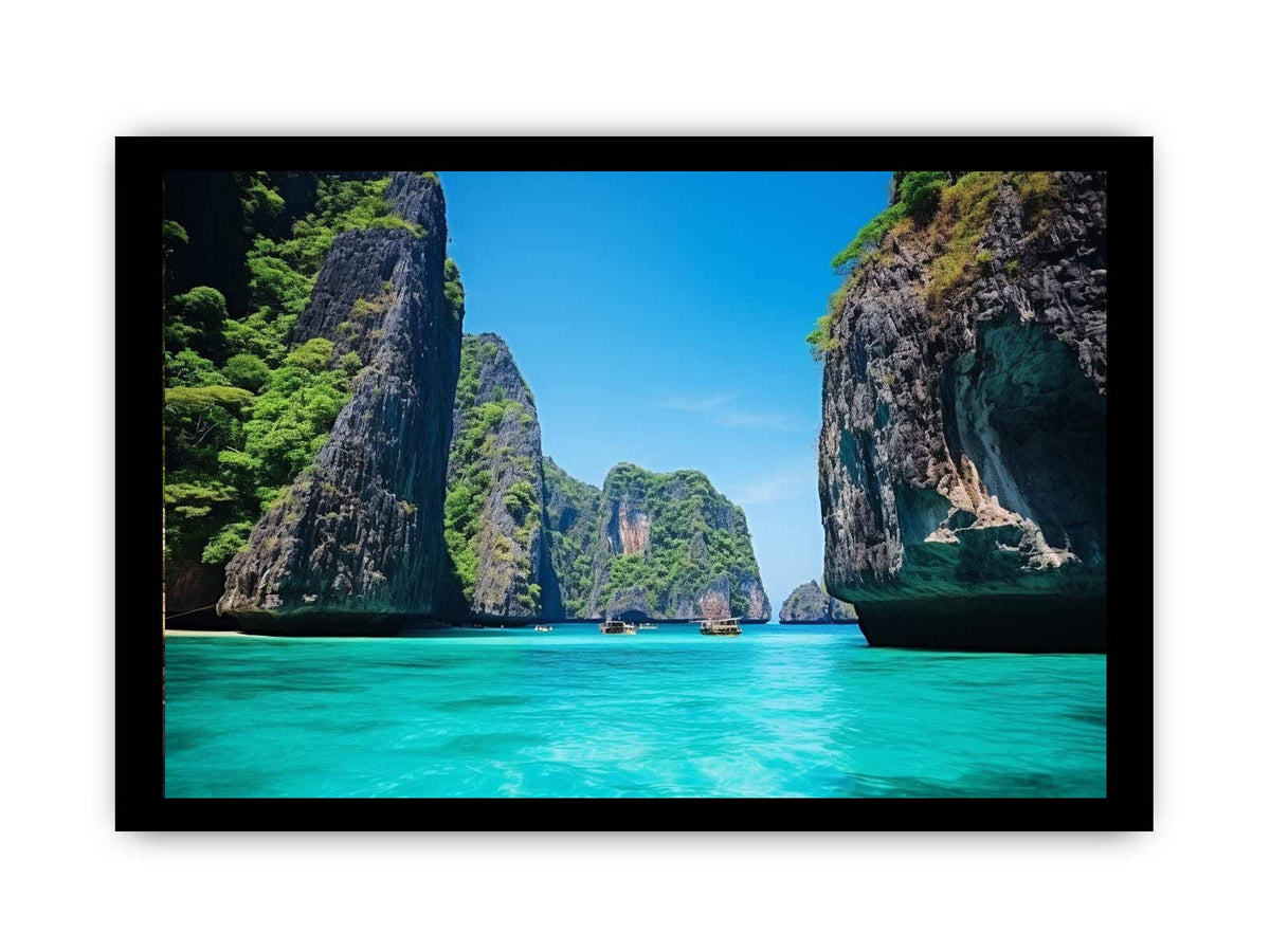 Phi Phi Island Thailand lagoon photography print for tropical living room decor.