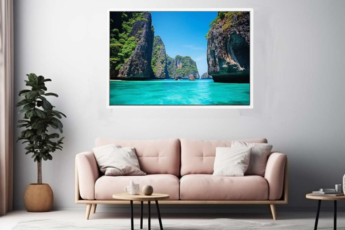 Phi Phi Island Thailand lagoon photography print for tropical living room decor.