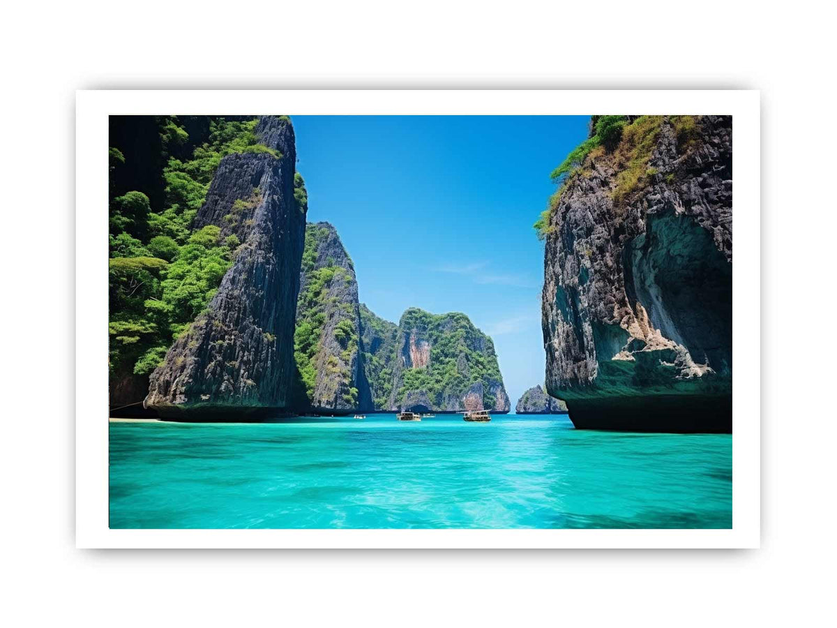 Phi Phi Island Thailand lagoon photography print for tropical living room decor.